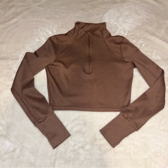 LA + Image Brown Ribbed Half Zip Mock Neck Cropped Long Sleeve Top Size Small - Picture 3 of 9